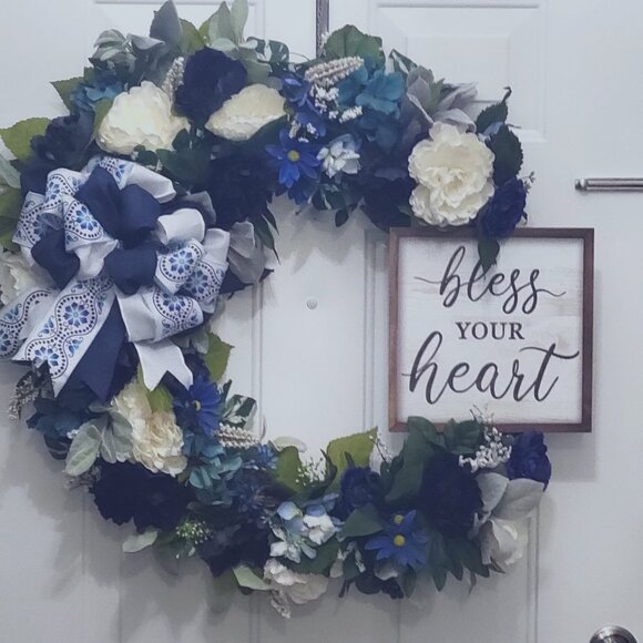 Blue Floral Wreath "Bless Your Heart" - Picture 1 of 1